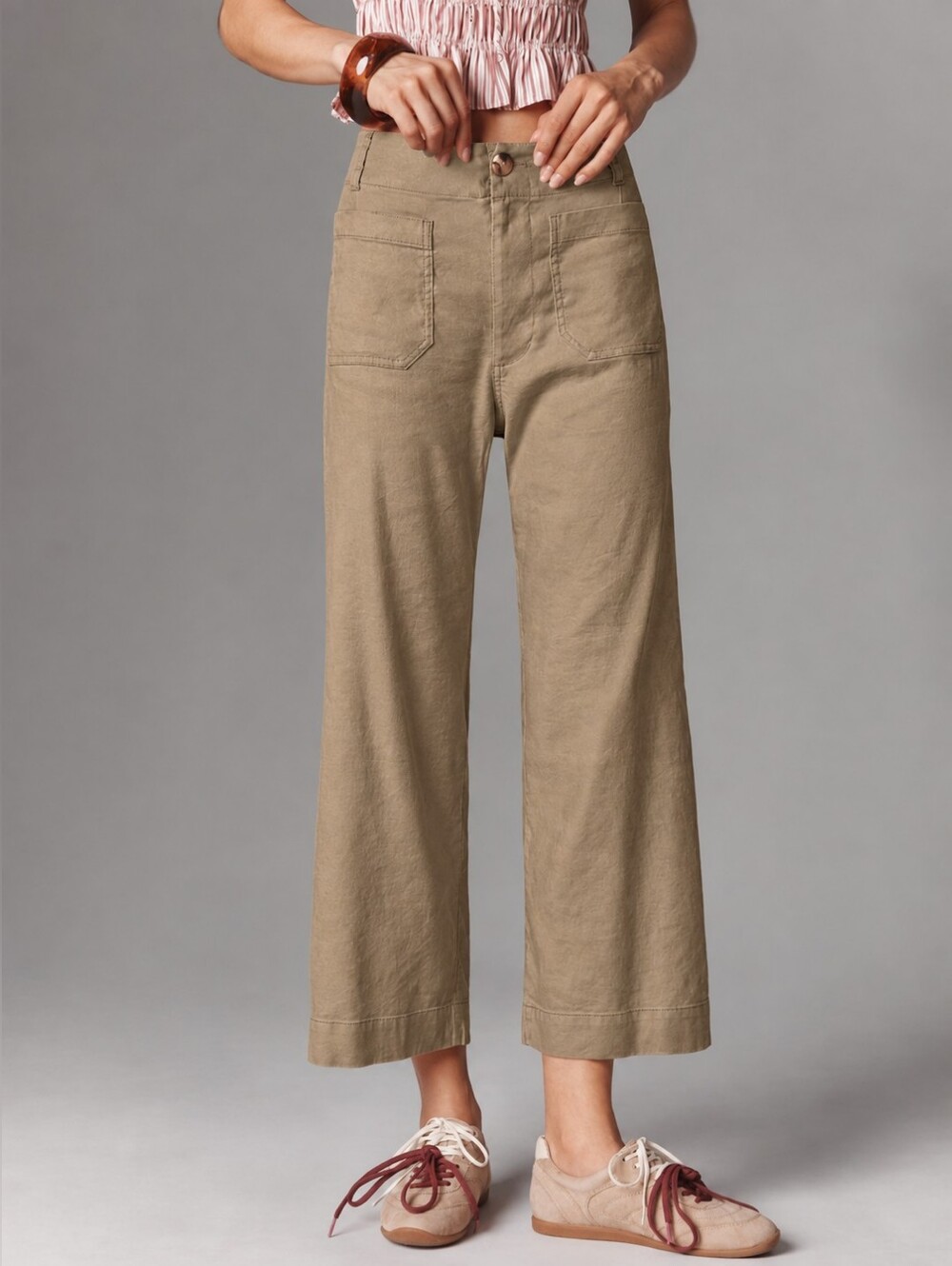 Maeve The Colette European Linen Stretch High-Rise Wide-Leg Pants Tan Size 32